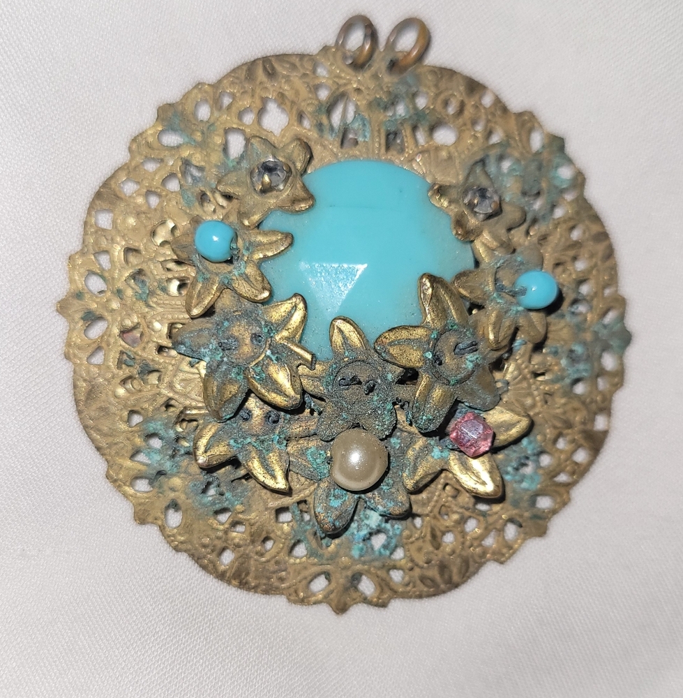 Blue and Gold Floral Brooch with Turquoise Accents